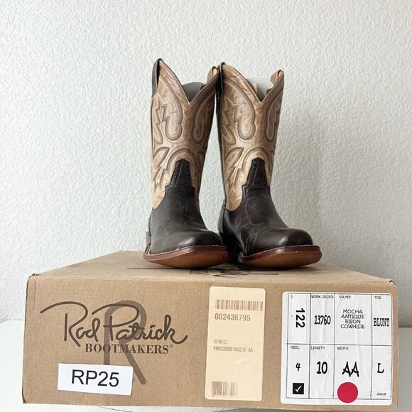 Rod Patrick Mens Cowboy Boots 10AA Antique Mocha Bison Brown Western Blunt Toe - Picture 11 of 12